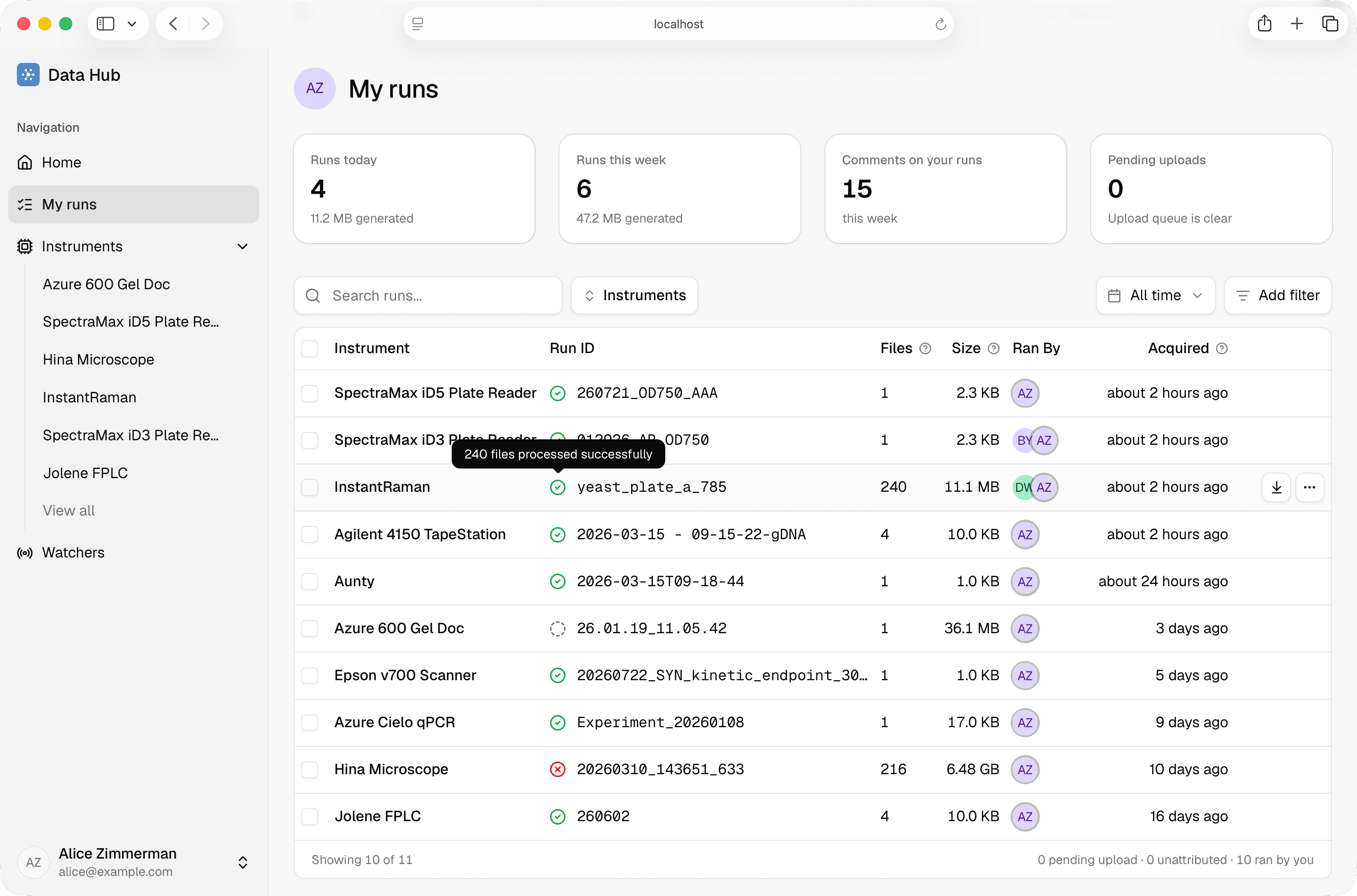 My runs page listing runs attributed to the signed-in user
