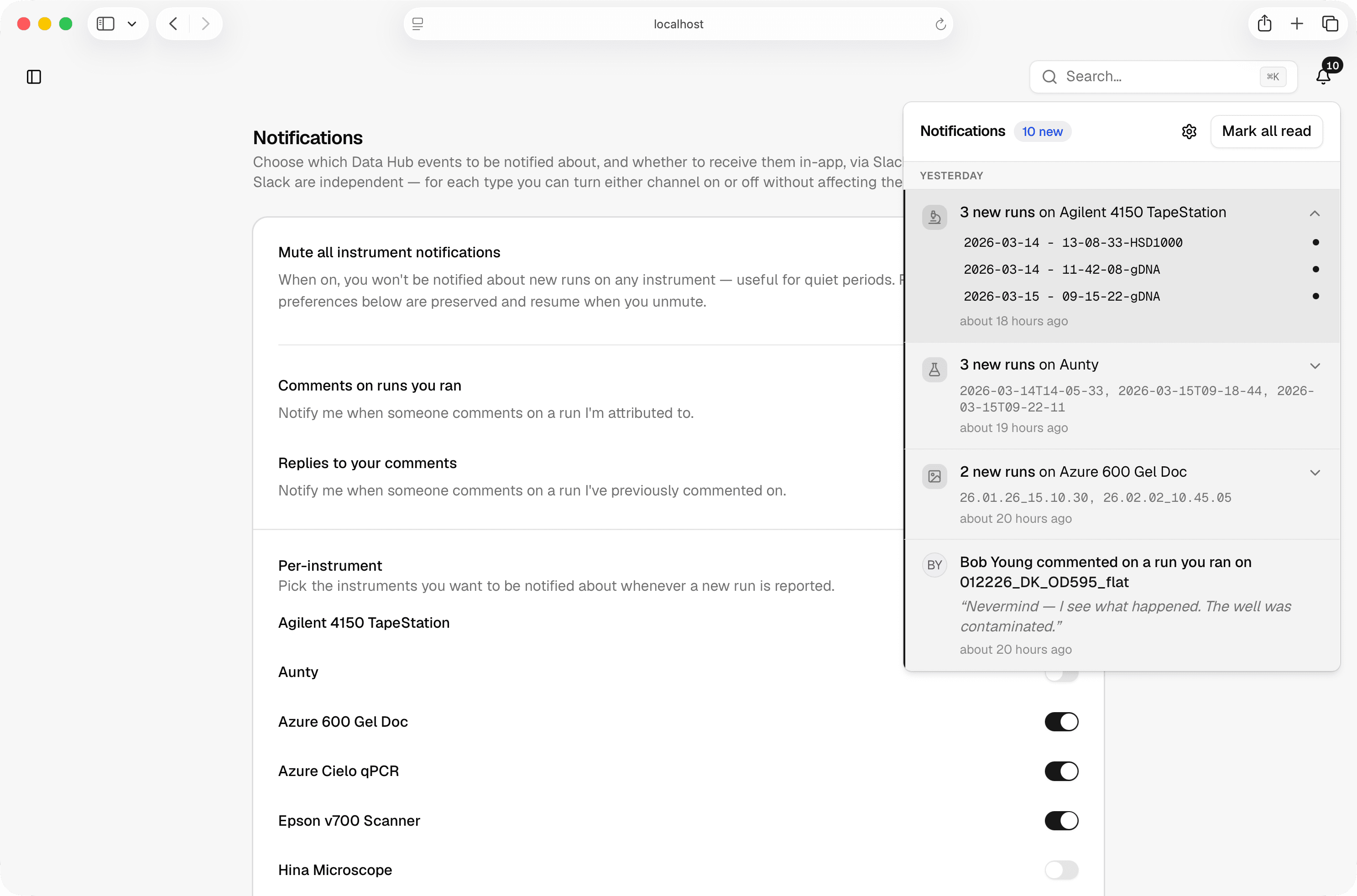 Settings Notifications page with in-app preferences and the notification bell