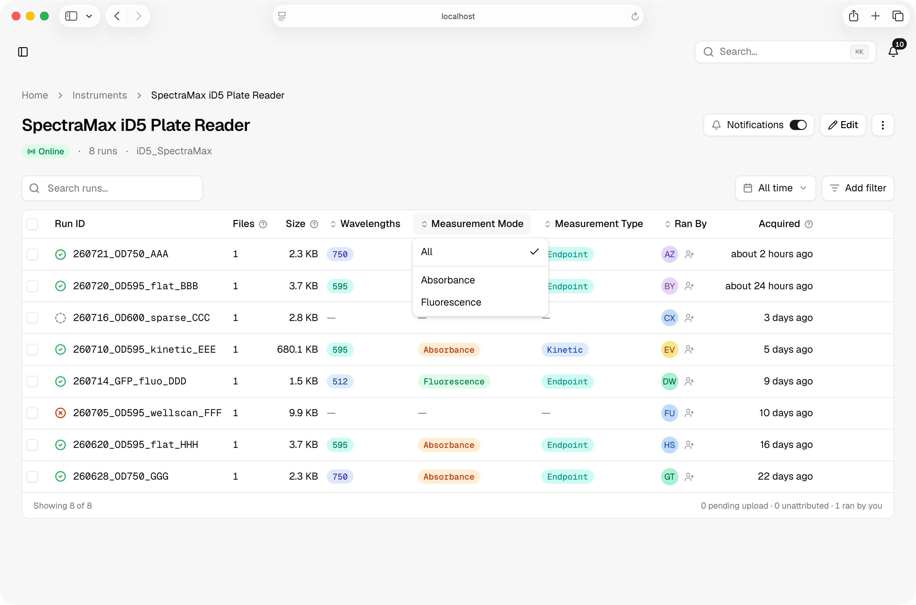 Plate reader instrument page with the runs table and column filters
