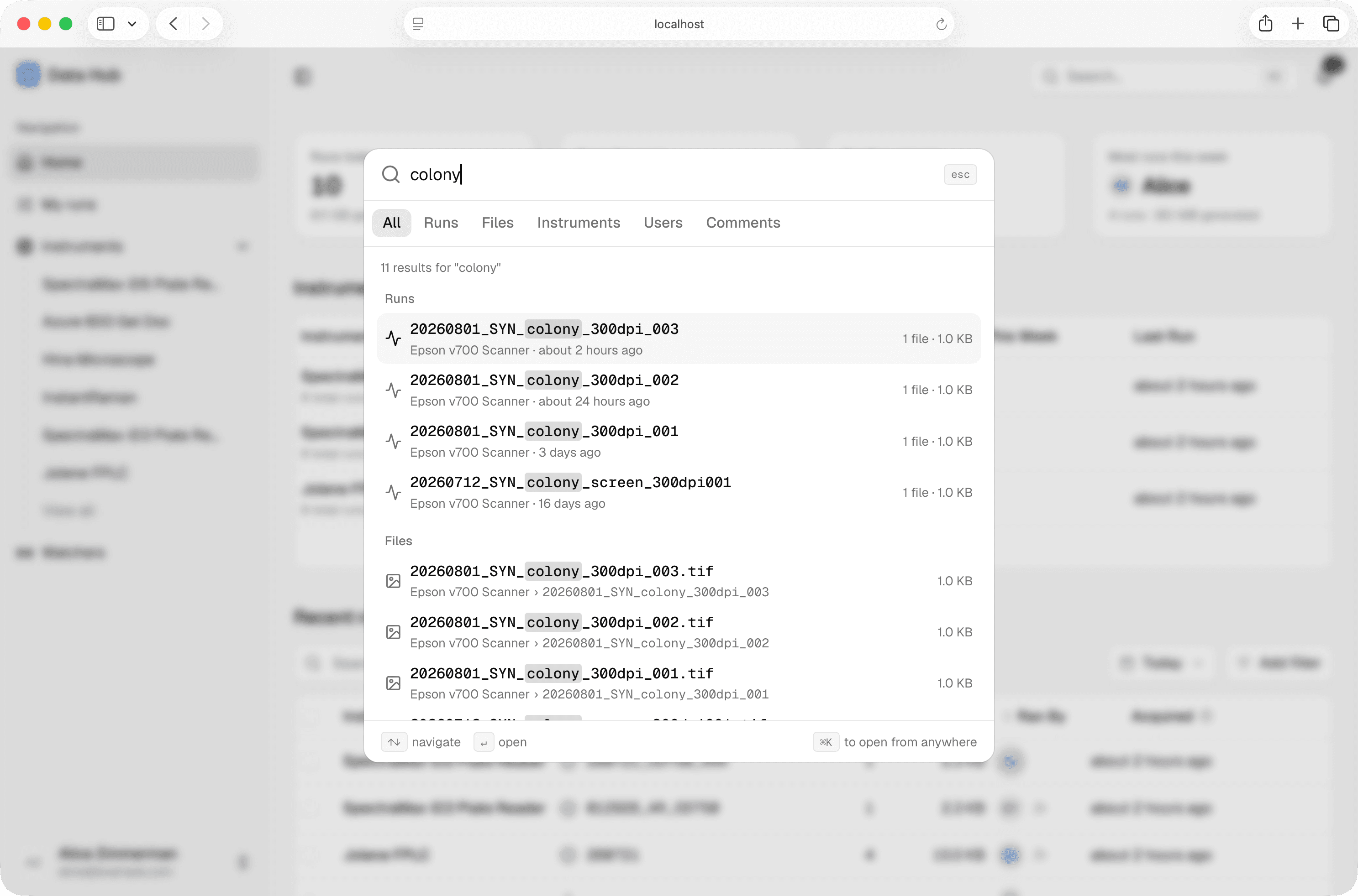 Global search modal with results for runs and files