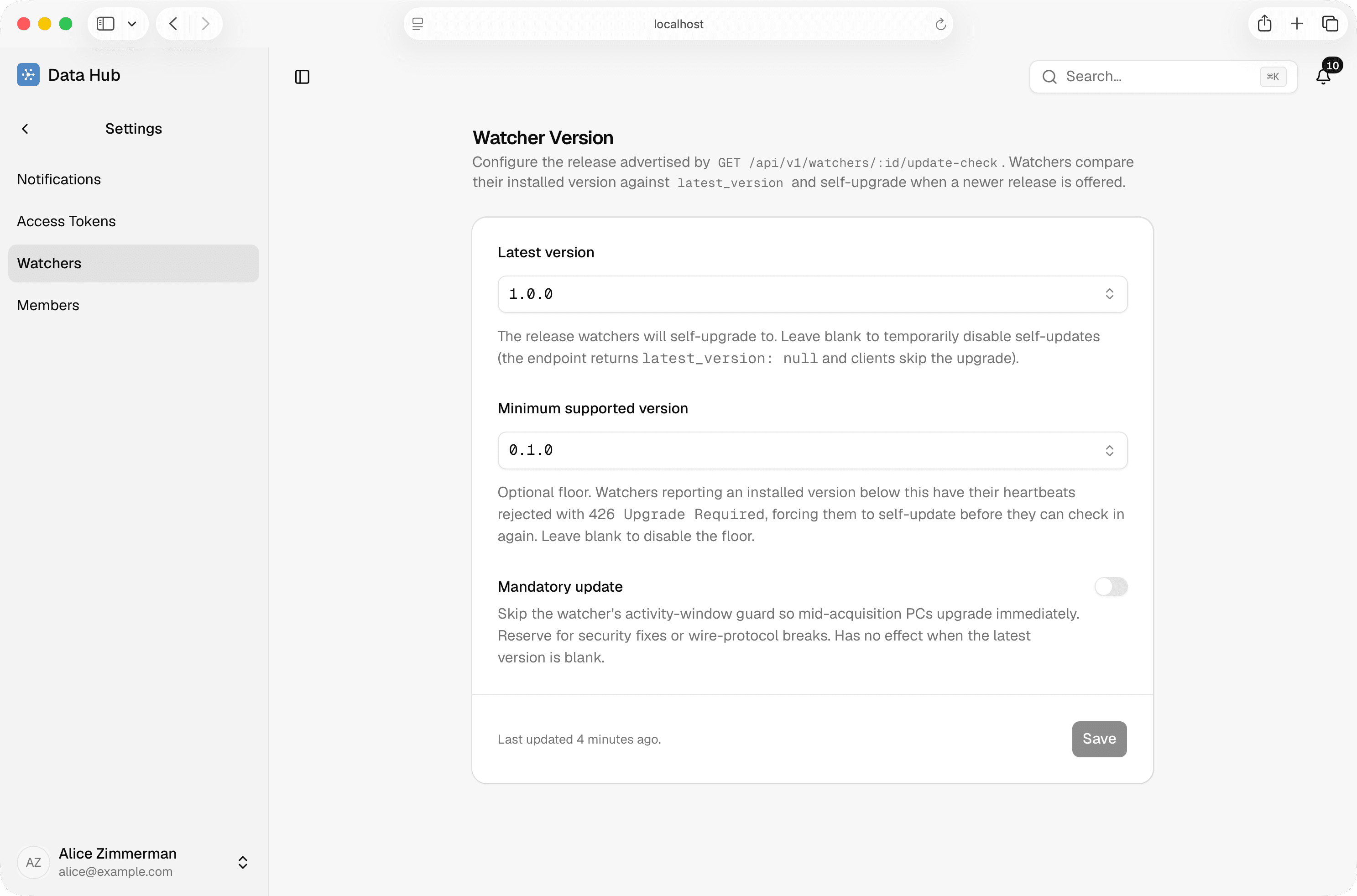 Settings Watchers page with Latest version and release controls