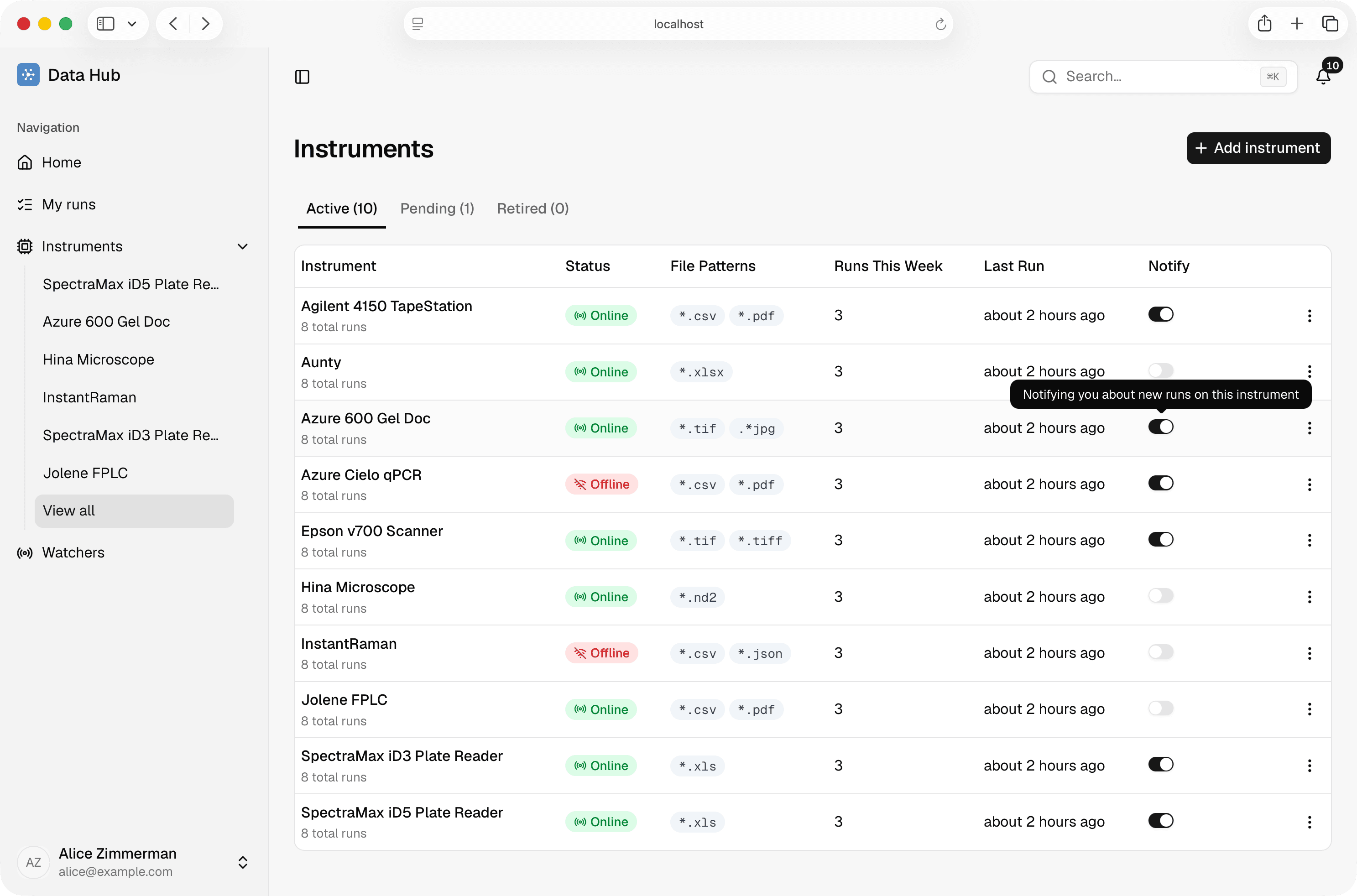 Instruments page with Active, Pending, and Retired tabs
